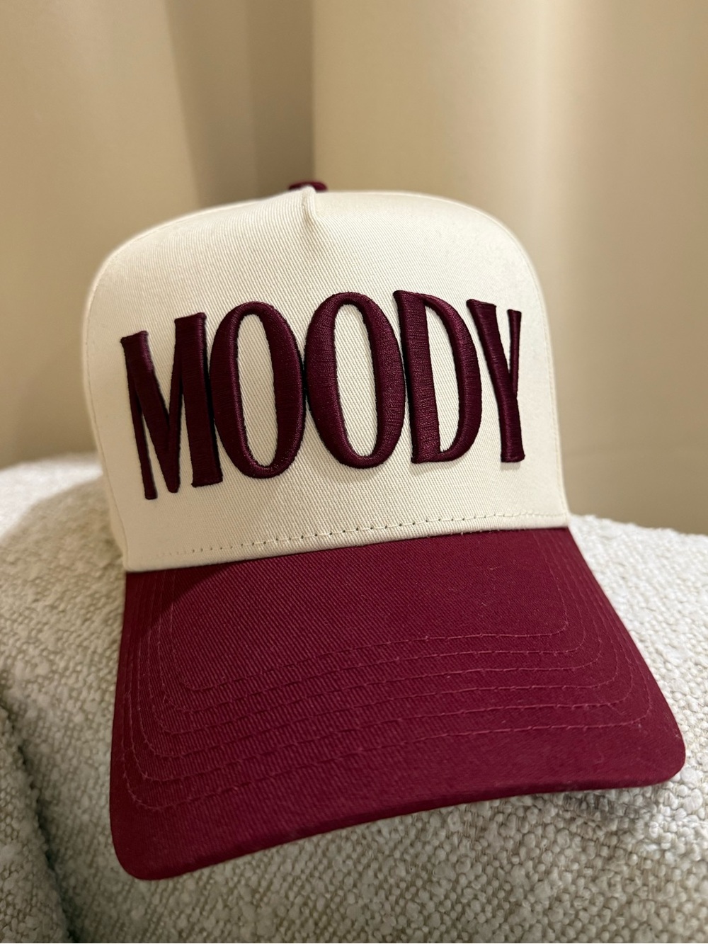 Moody Embroidered Two-Tone Trucker Hat - Cream and Burgundy